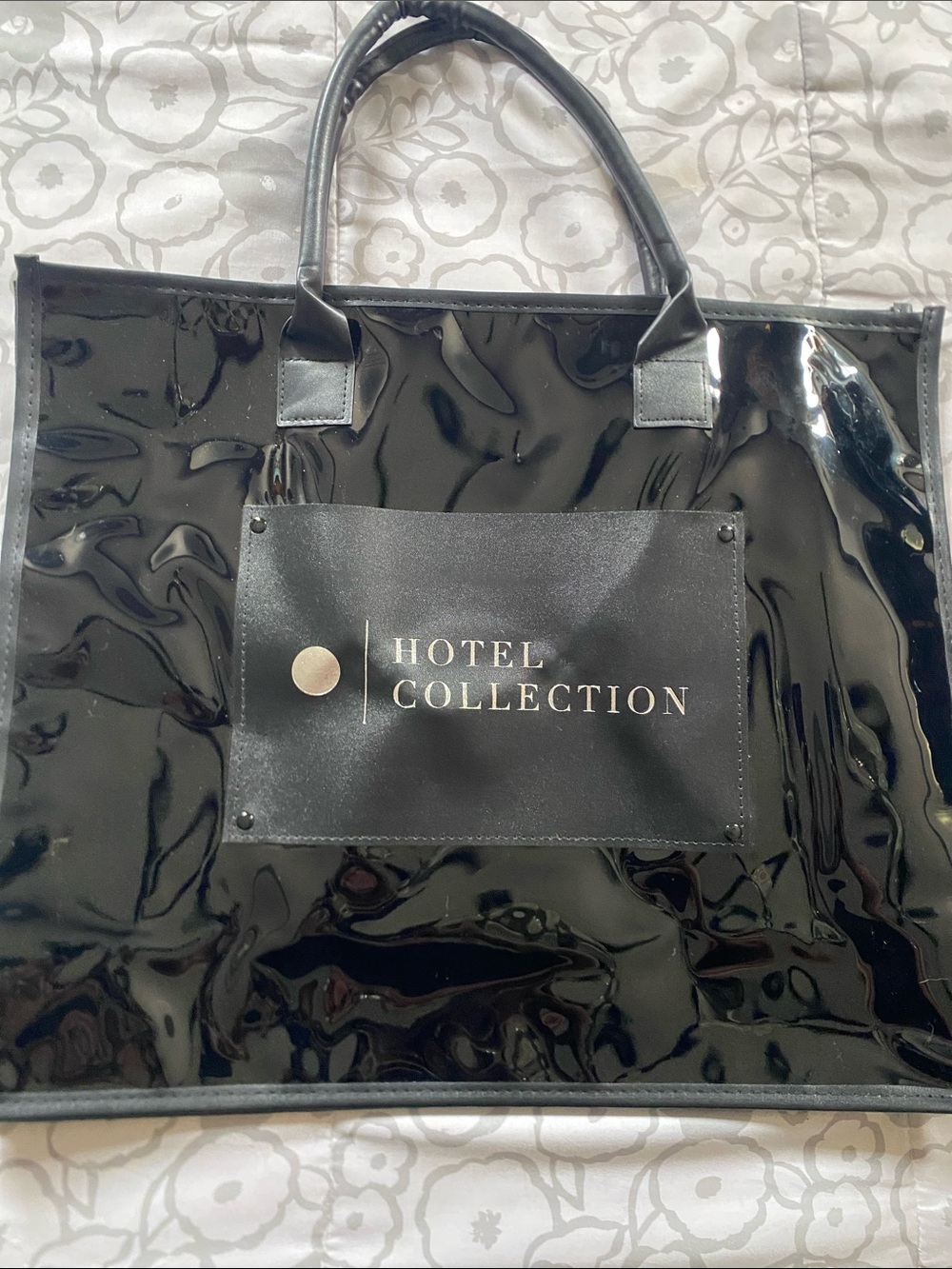 Hotel Collection Black Glossy Patent Tote with Front Logo Pocket